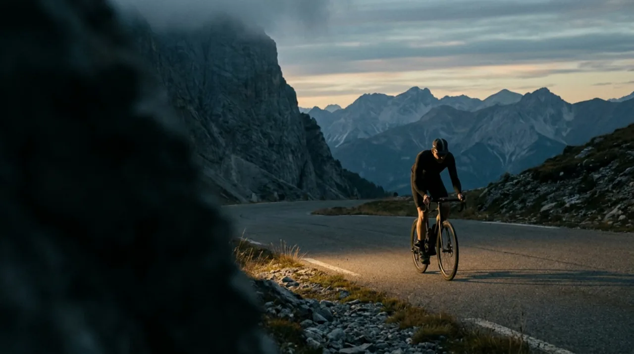 Solo cyclist on an alpine pass — drone reveal